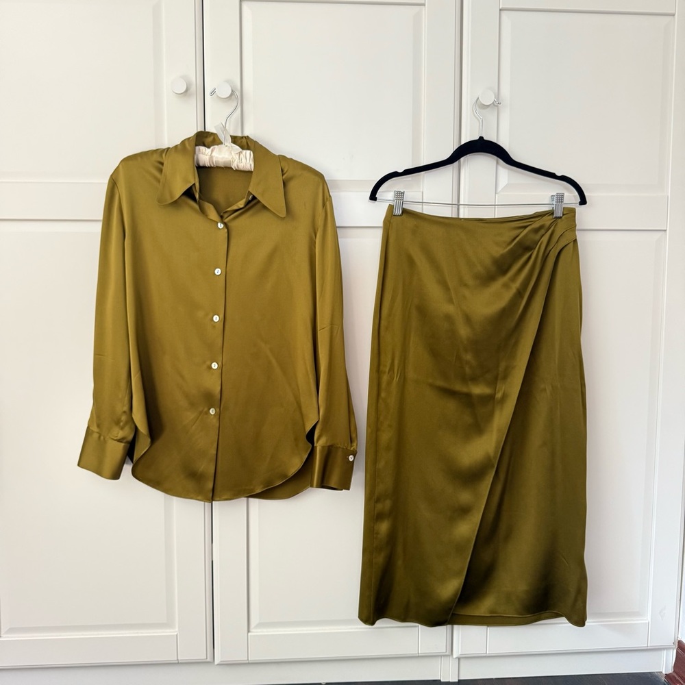 Vince Olive Green Blouse and Skirt Set